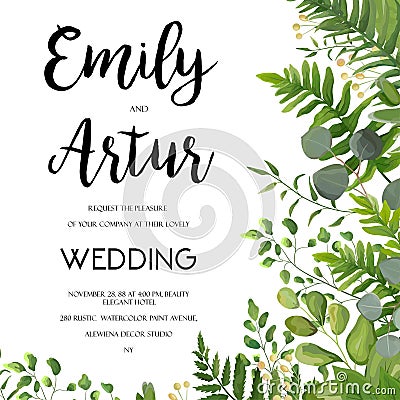Wedding Invitation, floral invite card Design with green fern le Vector Illustration