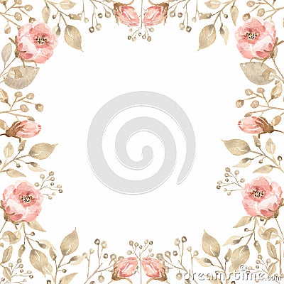 Wedding Invitation, floral invite card Design: Peach pink garden Rose and peony, light green leaves. Hand drawn delicate frame Stock Photo