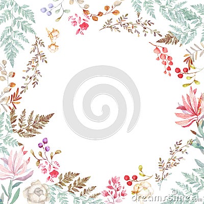 Wedding Invitation, floral invite card, pink flowers and green leafs geometric. Beauty olive frame. White square background. Stock Photo