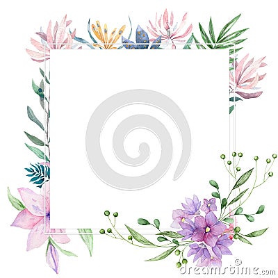 Wedding Invitation, floral invite card, pink flowers and green leafs geometric. Rhombus Rectangle frame. White square background. Stock Photo