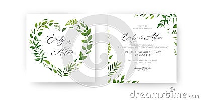 Wedding Invitation, floral invite, save the date card set. Watercolor green tropical leaf, lush greenery, eucalyptus, forest Vector Illustration