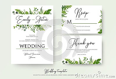 Wedding Invitation, floral invite, thank you, rsvp modern card D Vector Illustration