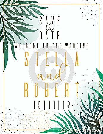 Wedding Invitation, floral invite thank you, rsvp modern card Design: green tropical palm leaf greenery branches decorative wreath Stock Photo