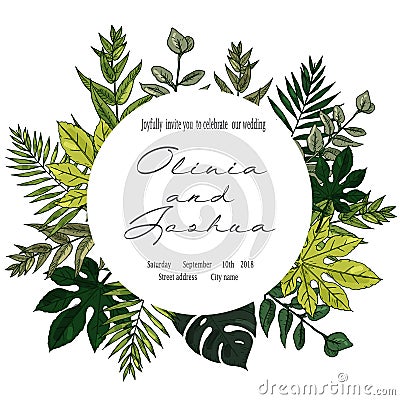 Wedding Invitation, floral invite thank you, rsvp modern card Design: green tropical palm leaf greenery Vector Illustration