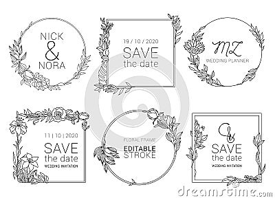 Wedding invitation floral wreath minimal design. Stock Photo