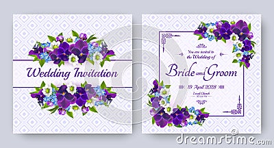 Wedding invitation with flowers of realistic purple viola, strawberry and forget-me-not on patterned background. Floral card. Vector Illustration