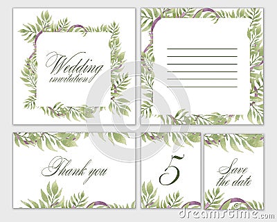 Wedding invitation frame set flowers, leaves, watercolor, isolated on white. Cartoon Illustration