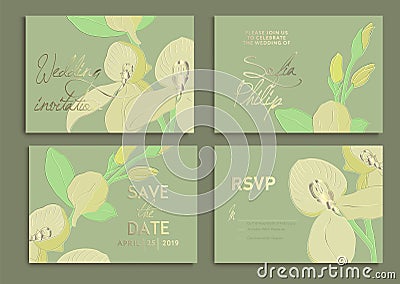 Wedding invitation set: flowers, orchids, leaves, watercolor, vector. Texture for wrapping, textile wallpapers, surface design Vector Illustration