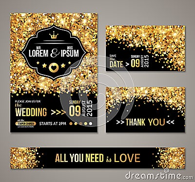 Wedding invitation Gold confetti and black background Vector Illustration