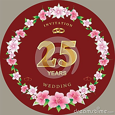 Anniversary 25 years, wedding card with floral pattern, hearts and rings. Vector illustration Vector Illustration