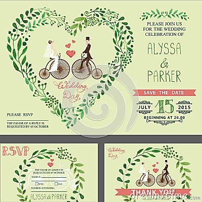 Wedding invitation.Green branches ,bride,groom,retro bicycle Vector Illustration