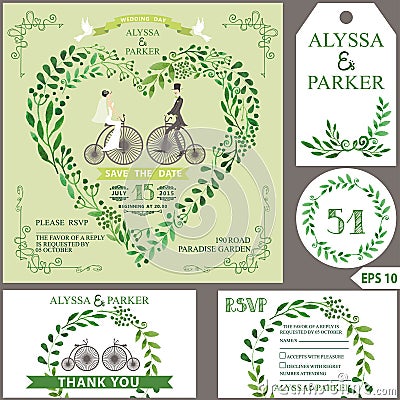 Wedding invitation.Green branches heart, bride,groom,retro bicyc Vector Illustration