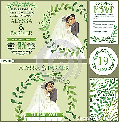 Wedding invitation.Green branches wreath, kissing bride,groom Vector Illustration