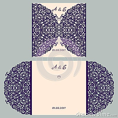 Wedding invitation or greeting card with abstract ornament. Vector envelope template for laser cutting. Paper cut card Vector Illustration