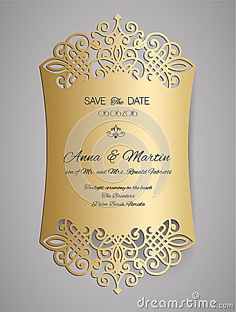 Wedding invitation or greeting card with gold floral ornament. Wedding invitation envelope for laser cutting. Vector Illustration