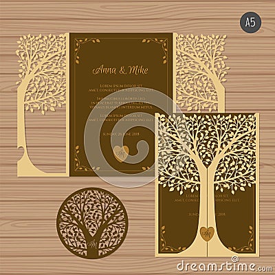 Wedding invitation or greeting card with tree. Paper lace Vector Illustration