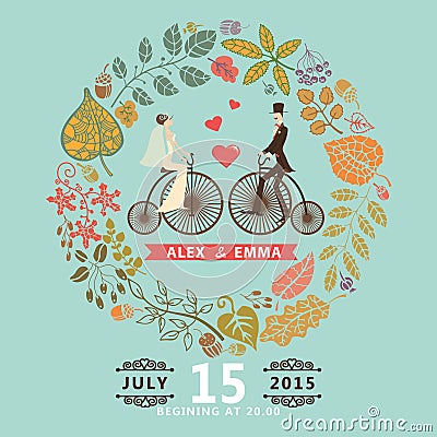 Wedding invitation .Groom,bride,retro bicycle,autumn wreath Stock Photo