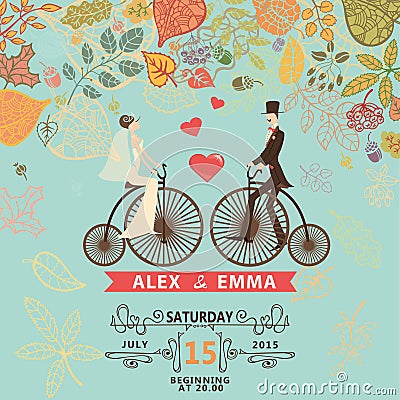 Wedding invitation .Groom,bride,retro bicycle, Vector Illustration