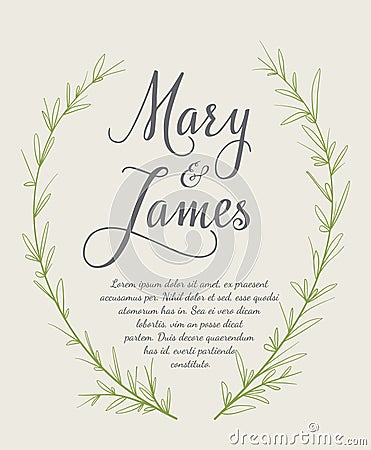 Wedding Invitation with Hand drawn laurel wreaths. Vintage design Vector Illustration