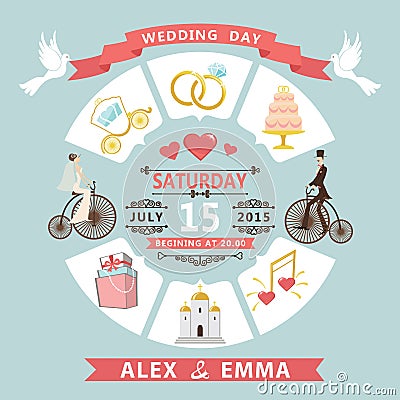 Wedding invitation in infographic style. Bride,groom on retro bi Vector Illustration
