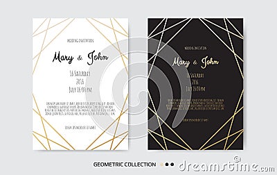 Wedding Invitation, invite card design with Geometrical art lines, gold foil border, frame. Stock Photo