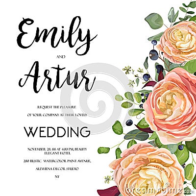 Wedding Invitation, invite card Design with watercolor hand draw Vector Illustration