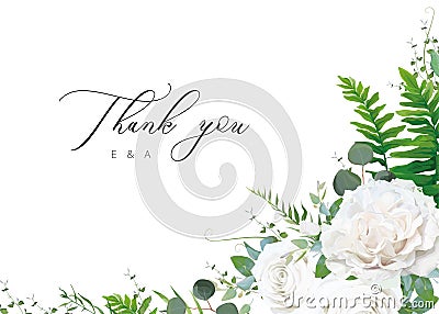 Wedding invitation, invite, save the date greeting, thank you card, postcard floral design. Elegant White Rose flowers, sage green Vector Illustration