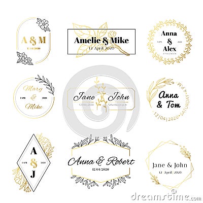 Wedding invitation labels. Minimalist floral leaves frames, elegant golden marriage card and save the date gold label vector set Vector Illustration