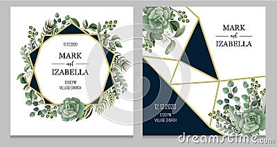 Wedding invitation with leaves, succulent and golden elements in watercolor style. Eucalyptus, magnolia, fern and other Vector Illustration