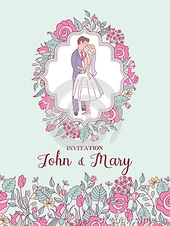 Wedding invitation. Lovely wedding card with the bride and groom Vector Illustration