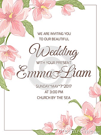 Wedding invitation magnolia sakura corner frame Vector Illustration