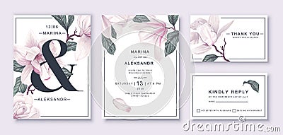 .Botanical wedding invitation card template design, white magnolia flowers and leaves. Vector Illustration