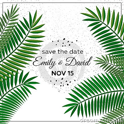 Wedding Invitation, modern card Design: green tropical palm leaf greenery decorative wreath, vector illustration Vector Illustration