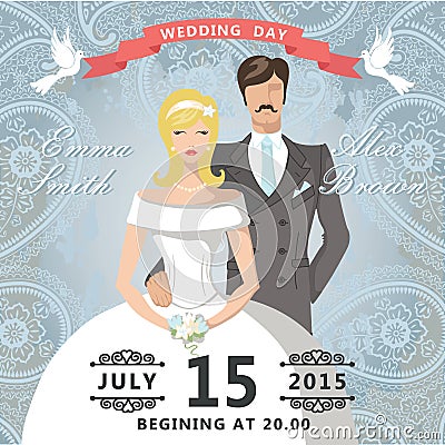 Wedding invitation with paisley lace.Retro couple bride and groom Stock Photo