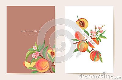 Wedding invitation peach, exotic fruits, flowers, leaves card. Tropic watercolor template. Botanical Save the Date Vector Illustration