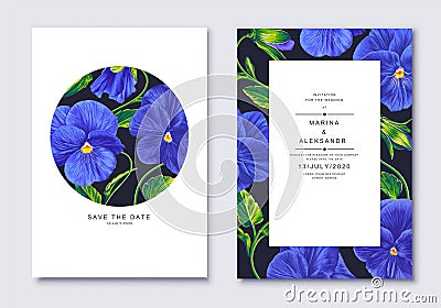 Blue Pansies realistic floral design with green leaves. Vector spring minimalist banner illustration. Vector Illustration