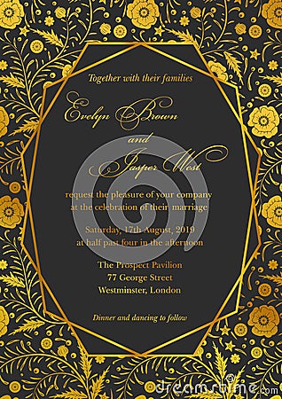 Wedding Invitation, poppy floral invite card Design with Geometrical art lines, golden foil border, frame. Ornate gold flowers on Vector Illustration