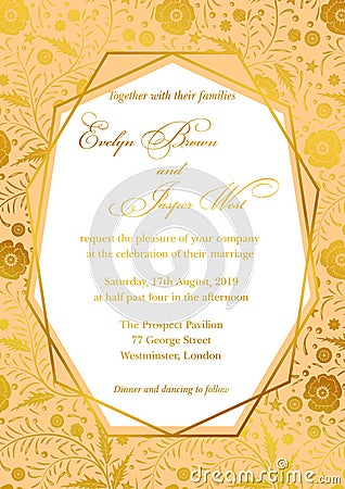 Wedding Invitation, poppy floral invite card Design with Geometrical art lines, gold foil border Vector Illustration