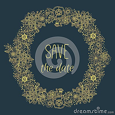 Floral round vector ornament with gold decoration wreath frame on grey background Vector Illustration