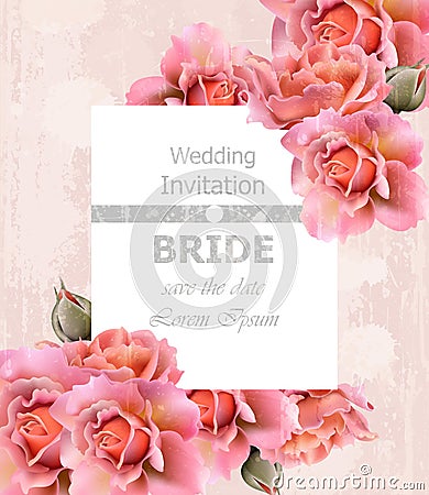 Wedding Invitation roses card Vector. Floral frame delicate decors Vector Illustration