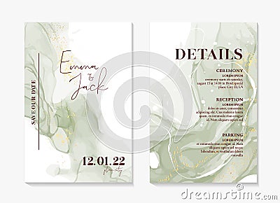 Wedding Invitation sage green boho rustic style modern save the date template. Watercolor liquid flow, abstract painting vector. Vector Illustration