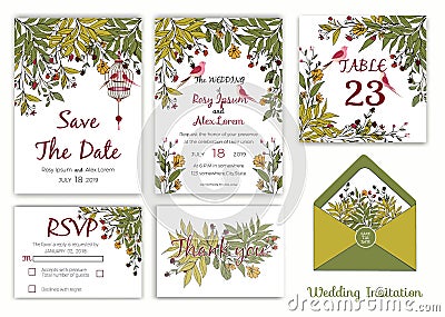 Wedding invitation , Save the date, RSVP card, Thank you card, T Vector Illustration