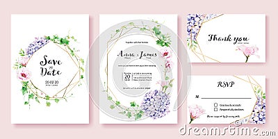 Wedding Invitation, save the date, thank you, rsvp card Design template.Greenery Ivy, Pink Lisianthus, Hydrangea flower. Vector Illustration