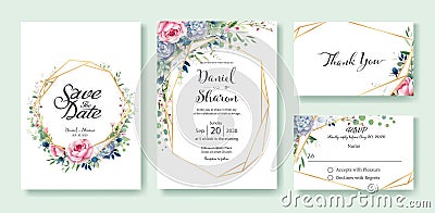 Wedding Invitation, save the date, thank you, RSVP card Design template. Queen of Sweden rose flower, leaves, succulent plant, Ane Vector Illustration
