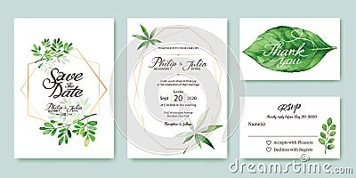 Wedding Invitation, save the date, thank you, rsvp card Design template. Silver dollar, olive leaves. leaf. Vector. Vector Illustration