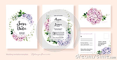 Wedding Invitation, save the date, thank you, rsvp card Design template. Vector. hydrangea flowers, Ivy plants. Vector Illustration