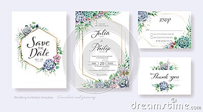 Wedding Invitation, save the date, thank you, rsvp card Design template. Vector. Succulents and greenery Vector Illustration