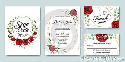 Wedding Invitation, save the date, thank you, RSVP card Design template. Vector. Summer flower, red rose, silver dollar, olive lea Vector Illustration