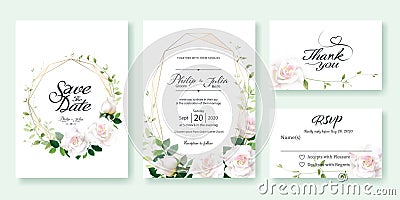 Wedding Invitation, save the date, thank you, rsvp card Design template. Vector. White rose flower, lemon leaf, Ivy leaves. Vector Illustration