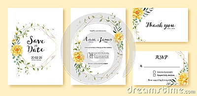 Wedding Invitation, save the date, thank you, rsvp card Design template. Vector. Yellow flower, silver dollar, olive leaves, Ivy p Vector Illustration